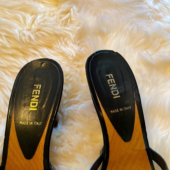 Fendi Black Logo Mules w/ Wood Insole and Black Heels - Picture 4 of 7